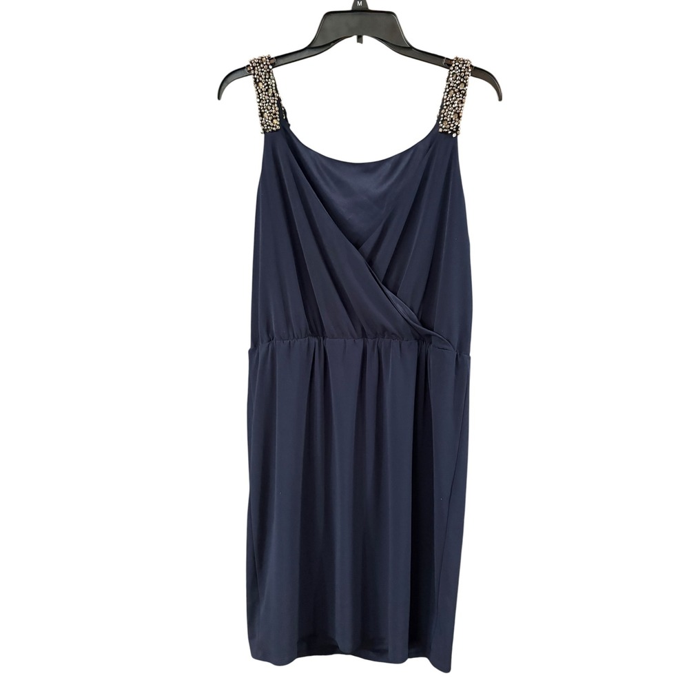 Jessica Simpson Navy Blue Beaded Strap‎ Cocktail Dress Womens 12 Surplice Mini